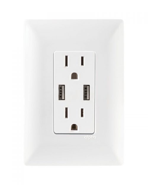 CONTACTO DUPLEX 2P+T C/ 2 PUERTOS USB 2.1 AMP C/ PLACA  BLANCA | ALPHA | ESTEVEZ